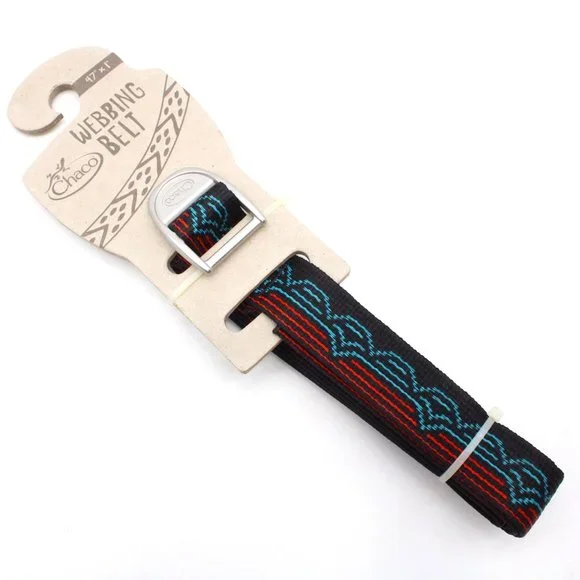 Chaco Webbing Belt Women Black Embroidered Striped Blip Teal Bleu Size 47X1